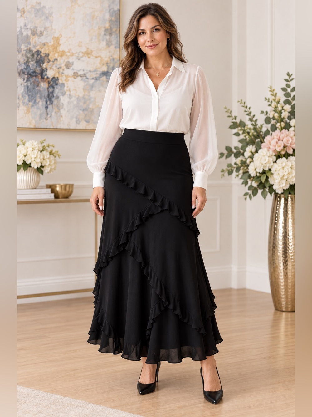 Ellen Tracy Black Maxi Skirt w/ ruffles. Waist 19”